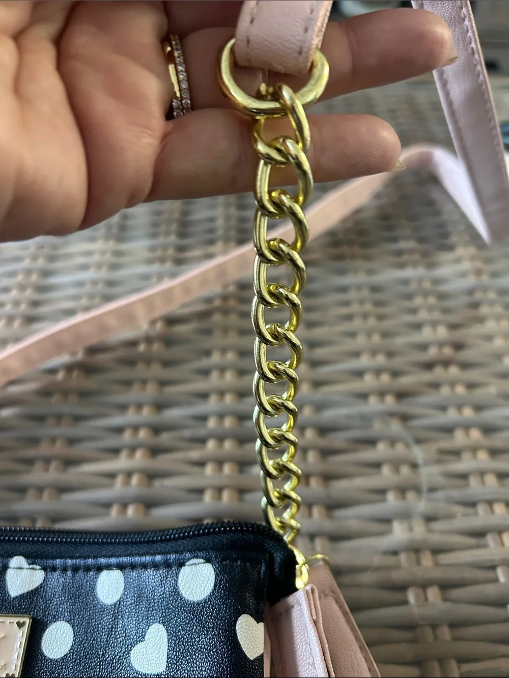 Betsey Johnson Black Polka Dot & Heart Crossbody with Pink Strap